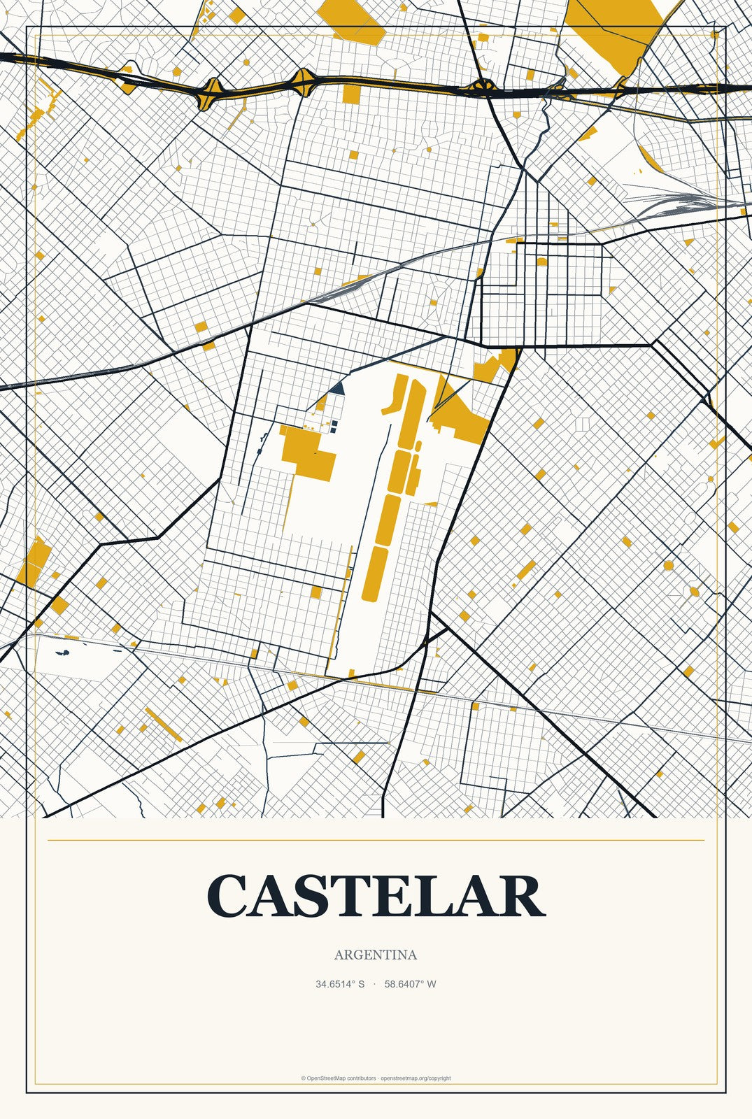 Castelar, Argentina City Map Aluminum Sign in Citrine Modern style