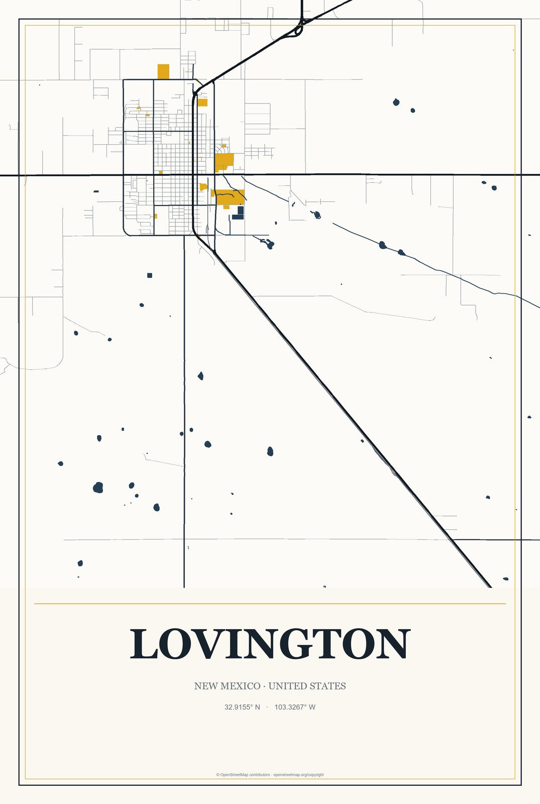 Lovington, New Mexico City Map Aluminum Sign in Citrine Modern style