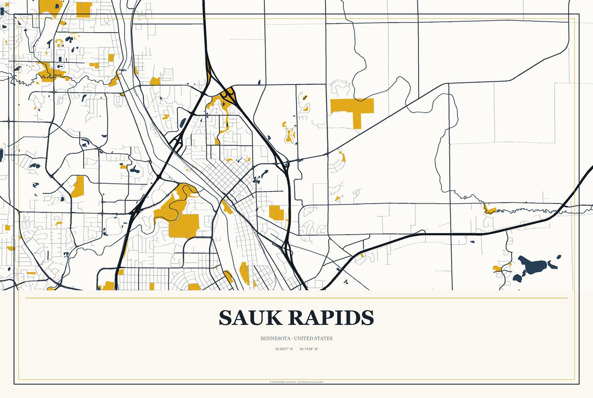Sauk Rapids, Minnesota City Map Aluminum Sign in Citrine Modern style