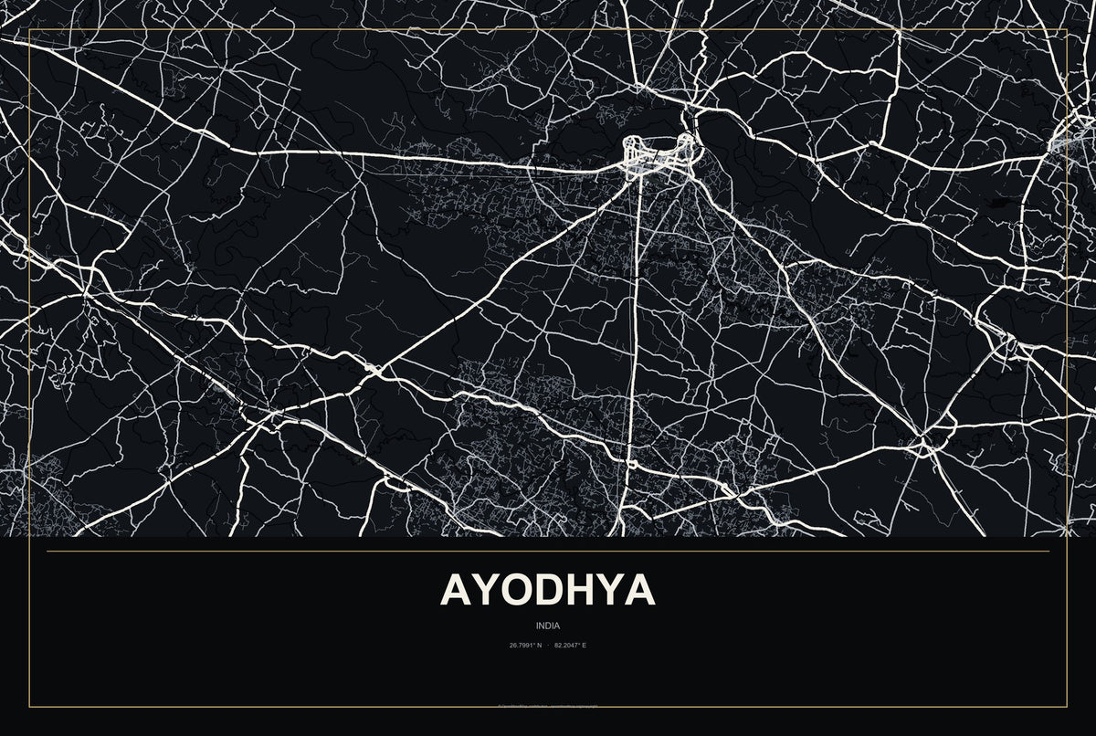 Ayodhya, India City Map Aluminum Sign in Metropolitan Noir style