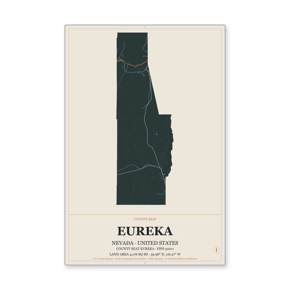 Eureka County, Nevada Map Aluminum Sign in Headline Atlas style