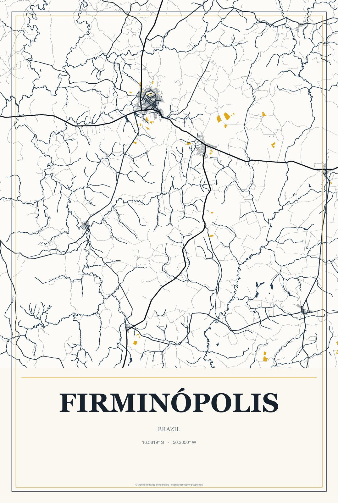 Firminópolis, Brazil City Map Aluminum Sign in Citrine Modern style