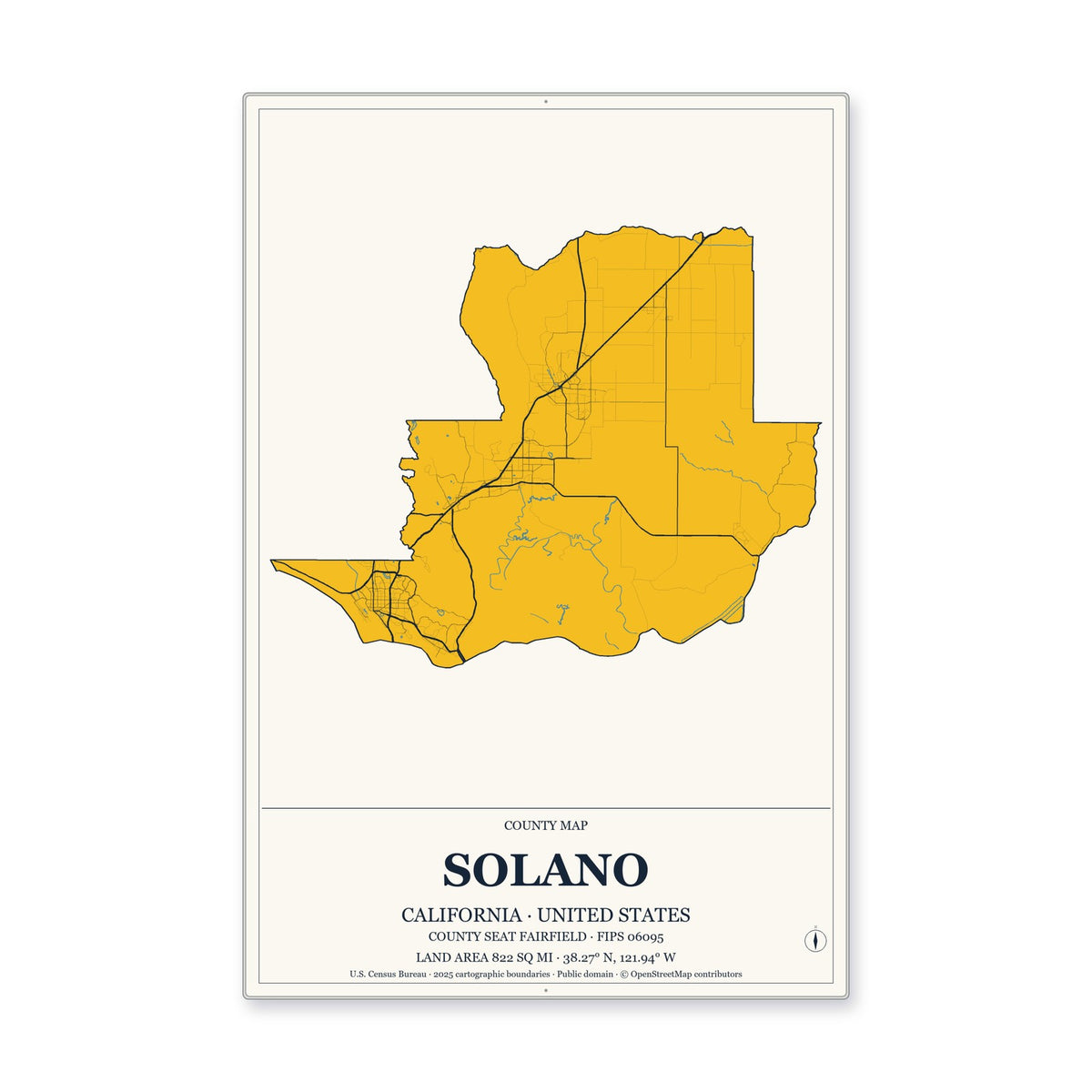Solano County, California Map Aluminum Sign in Citrine Modern style