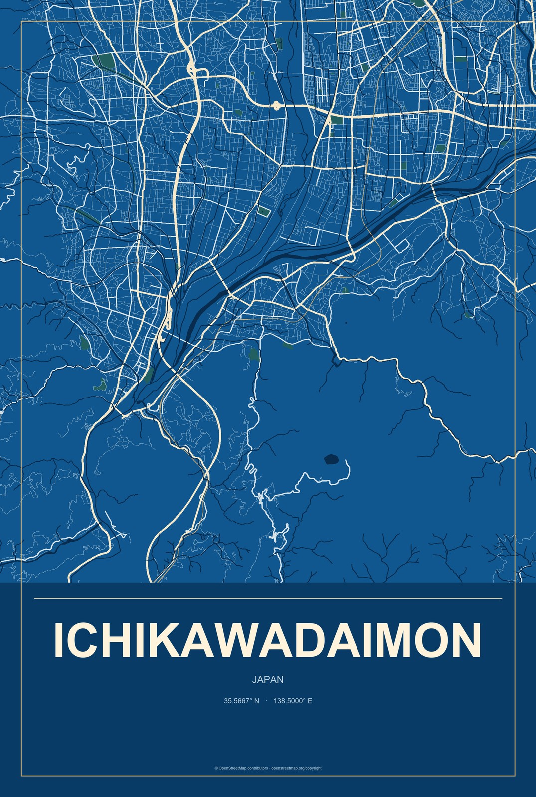 Ichikawadaimon, Japan City Map Aluminum Sign in Harbor Cobalt style