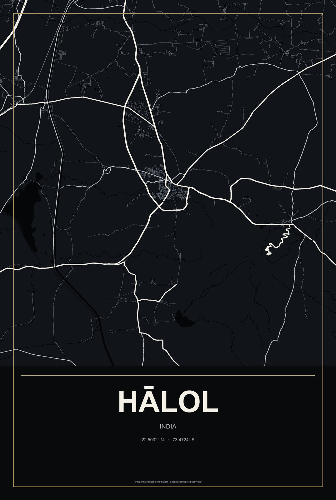 Hālol, India City Map Aluminum Sign in Metropolitan Noir style