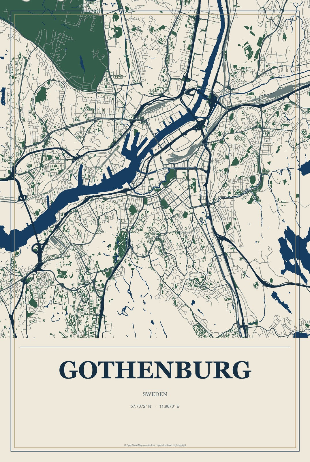 Gothenburg, Sweden City Map Aluminum Sign in Coastal Cutout style
