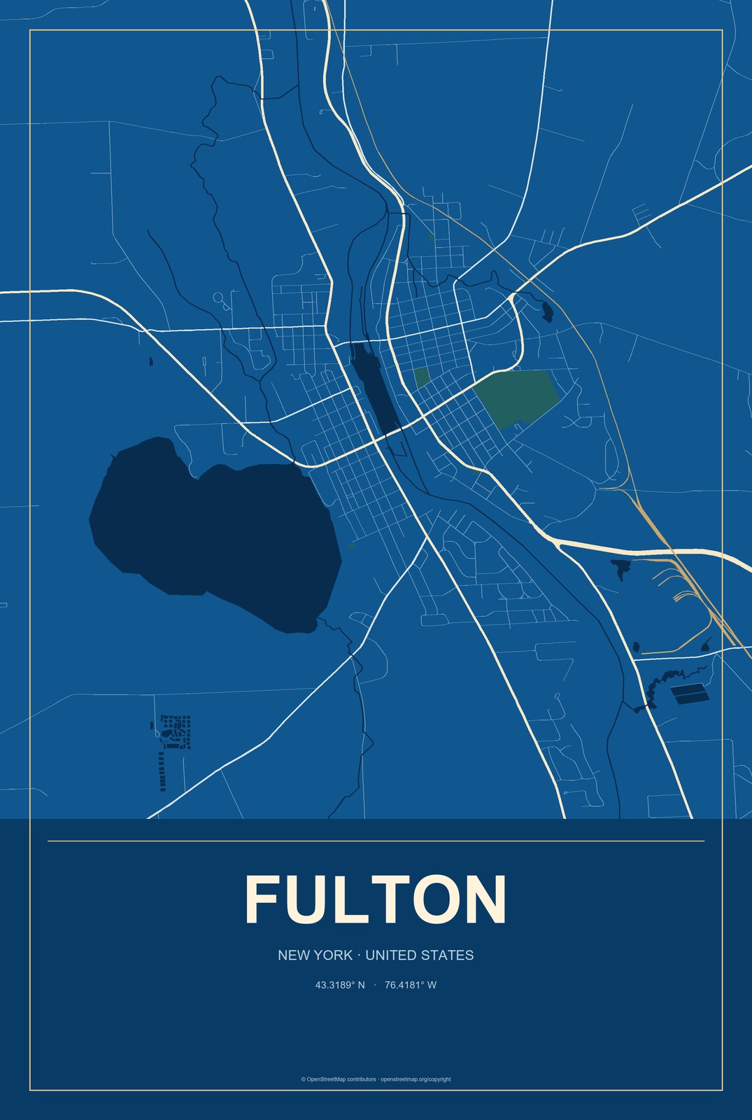 Fulton, New York City Map Aluminum Sign in Harbor Cobalt style