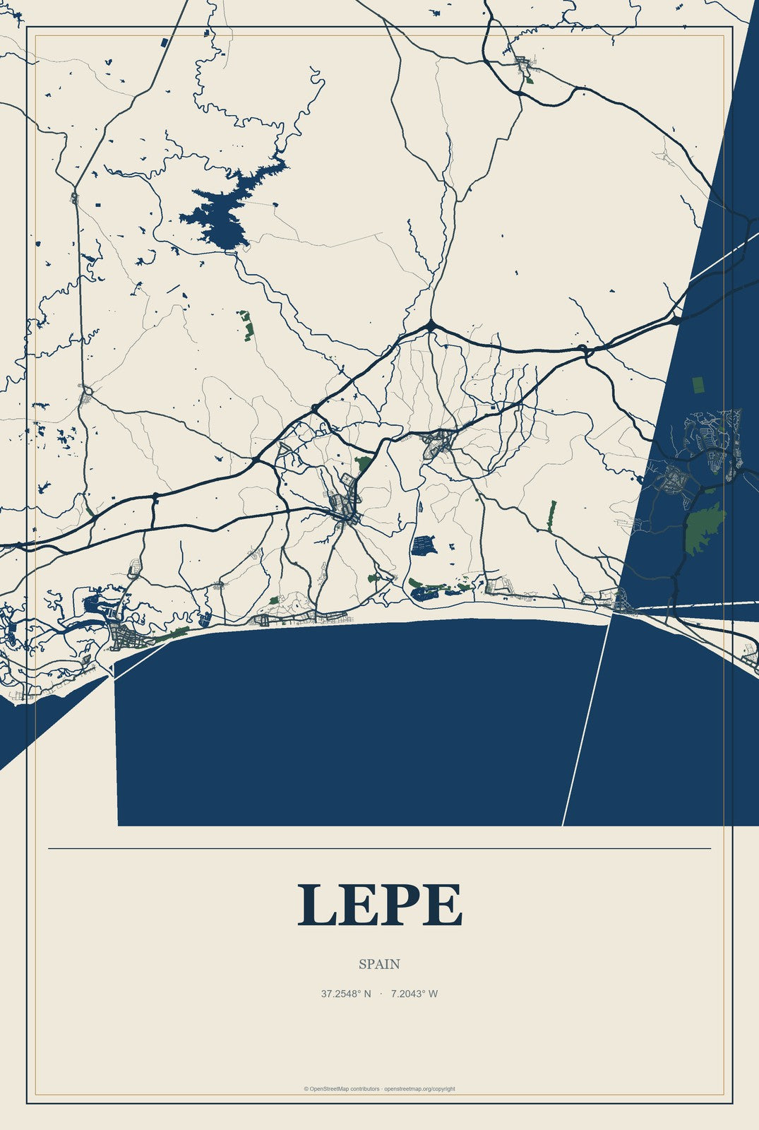 Lepe, Spain City Map Aluminum Sign in Coastal Cutout style