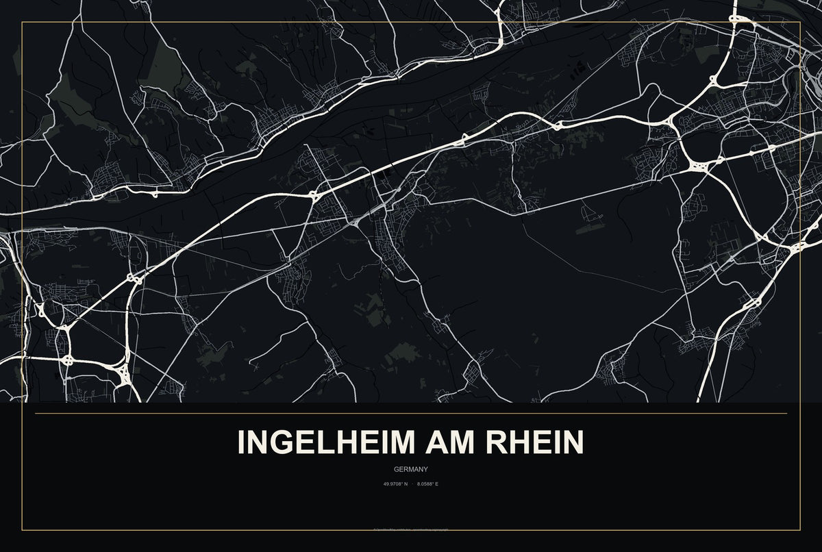 Ingelheim am Rhein, Germany City Map Aluminum Sign in Metropolitan Noir style
