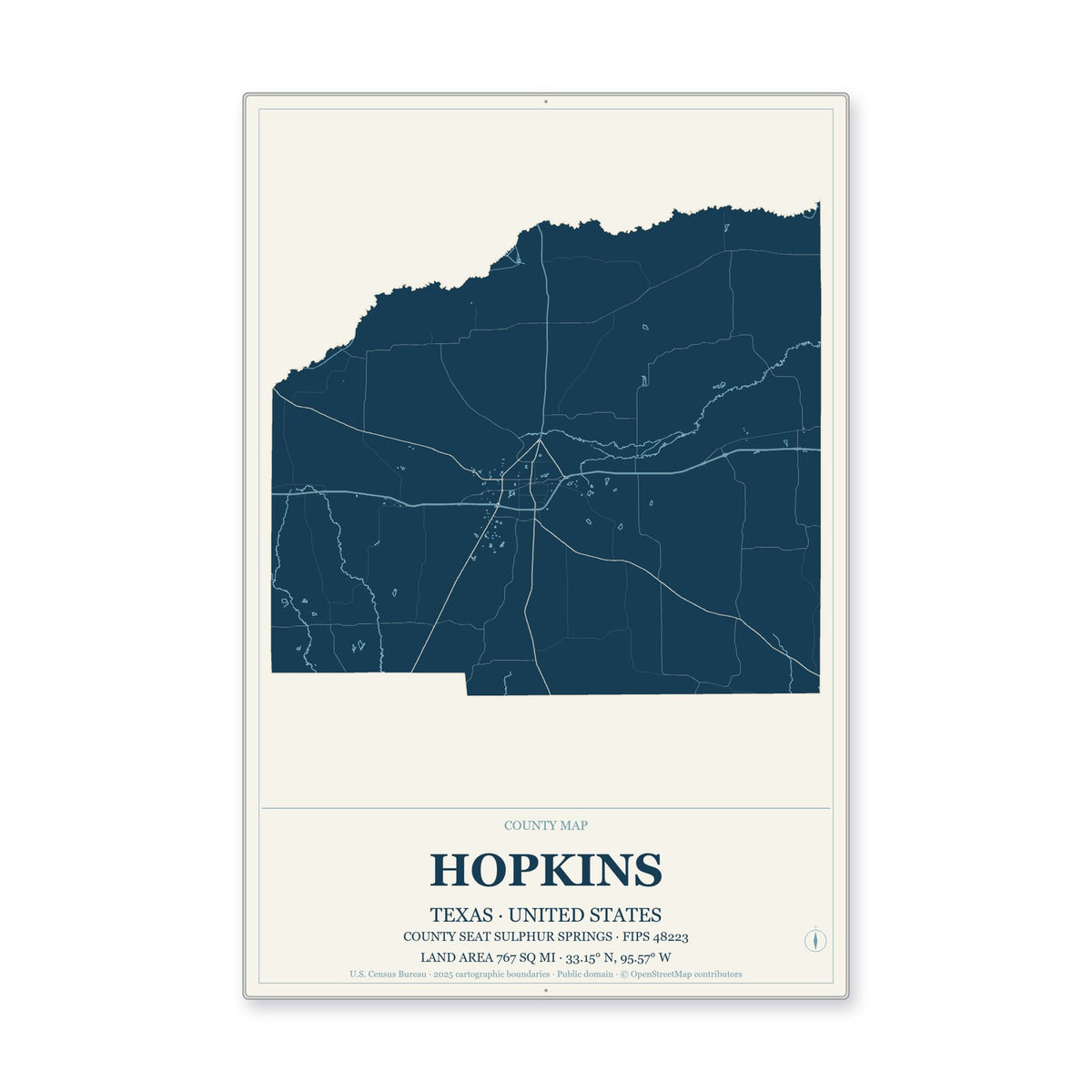 Hopkins County, Texas Map Aluminum Sign in Coastal Cutout style