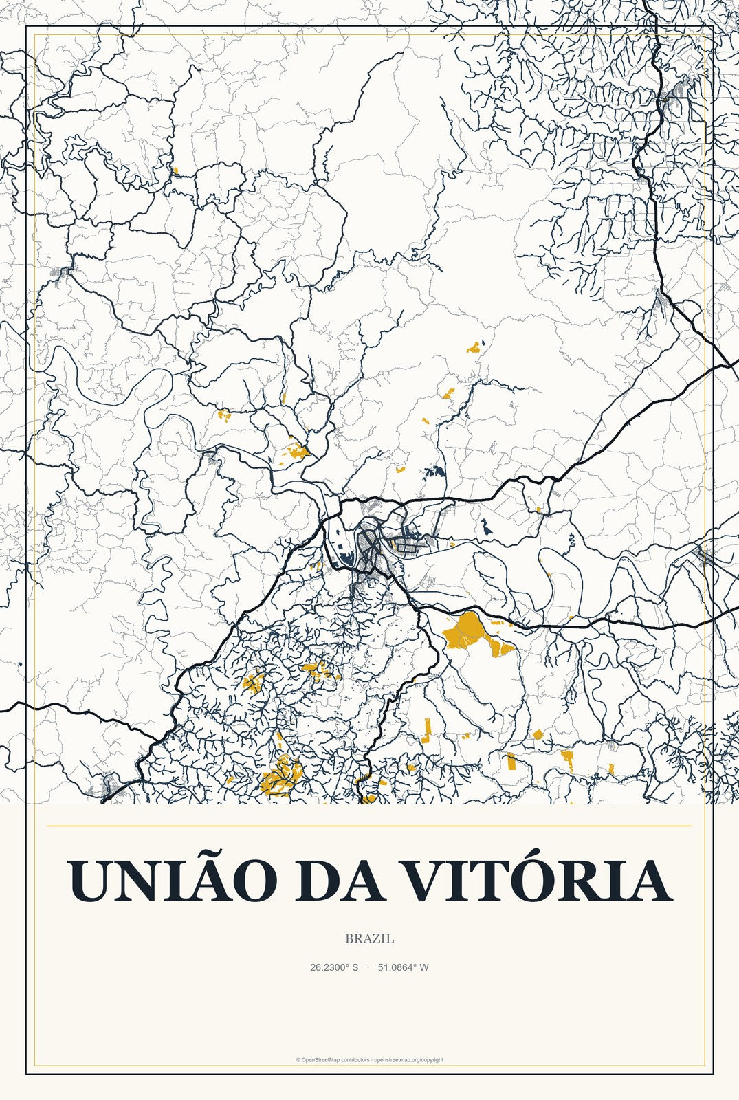 União da Vitória, Brazil City Map Aluminum Sign in Citrine Modern style