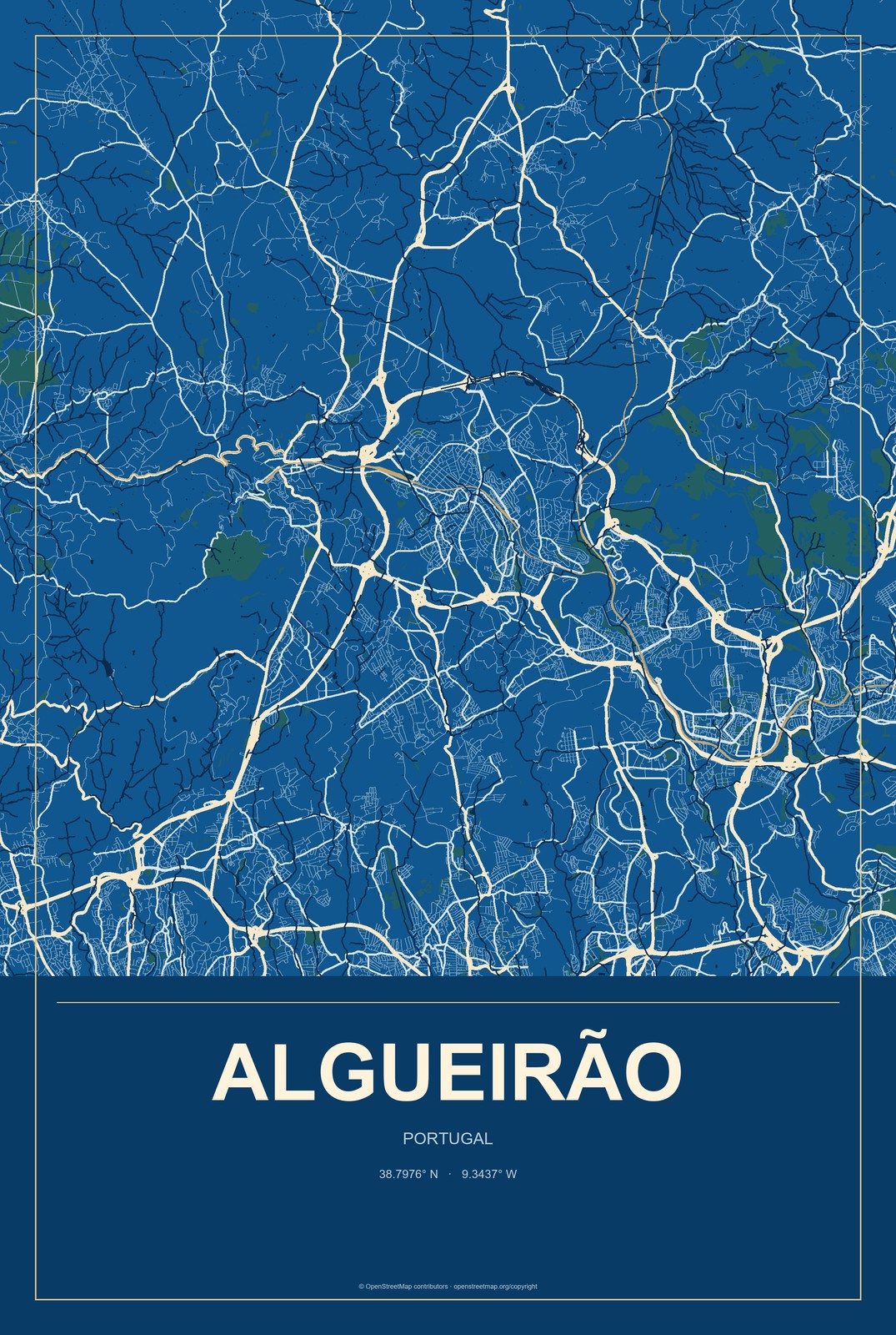 Algueirão, Portugal City Map Aluminum Sign in Harbor Cobalt style