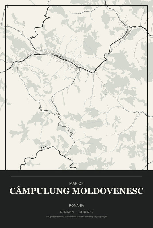 Câmpulung Moldovenesc, Romania City Map Aluminum Sign in Museum Plaque style