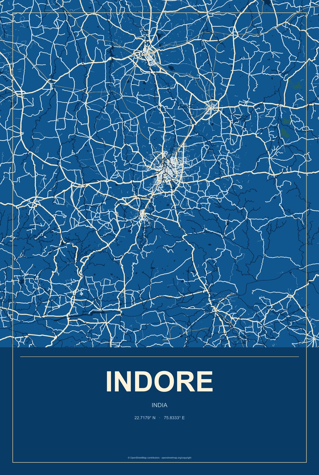 Indore, India City Map Aluminum Sign in Harbor Cobalt style