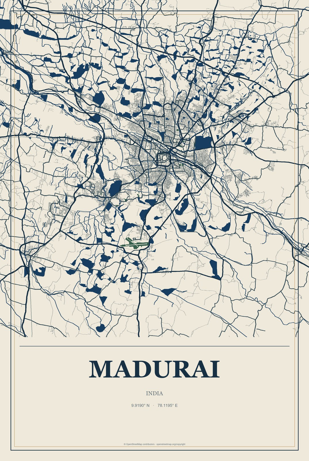 Madurai, India City Map Aluminum Sign in Coastal Cutout style