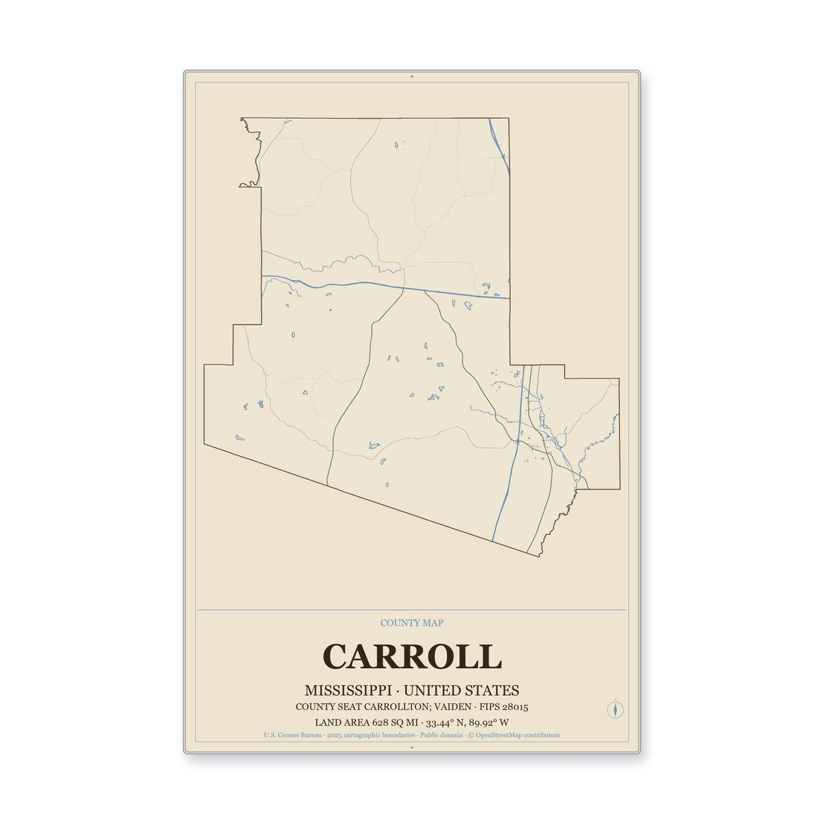 Carroll County, Mississippi Map Aluminum Sign in Heritage Nautical style