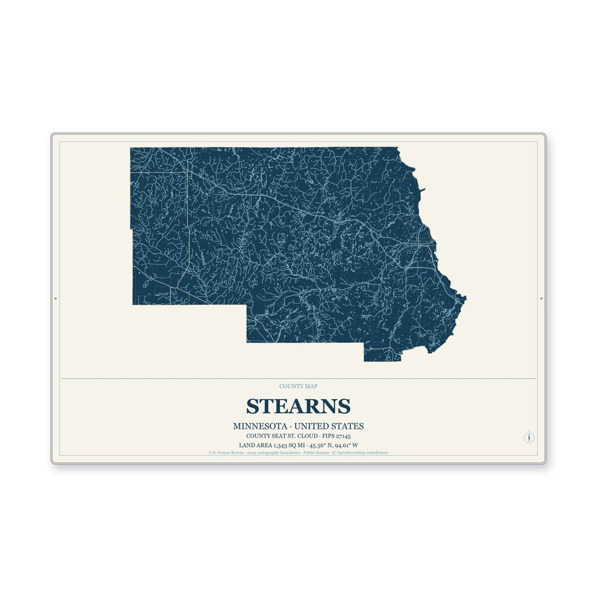 Stearns County, Minnesota Map Aluminum Sign in Coastal Cutout style