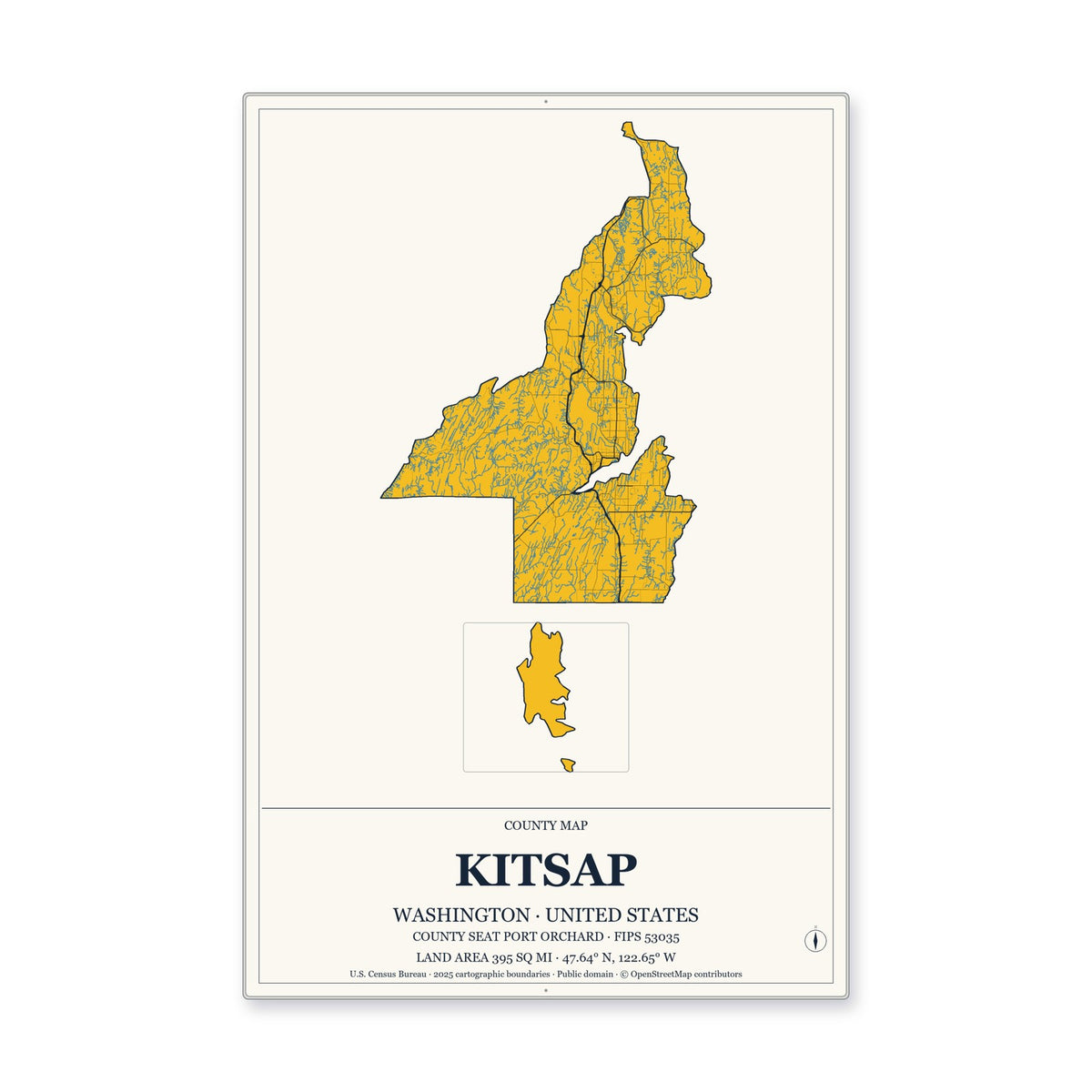 Kitsap County, Washington Map Aluminum Sign in Citrine Modern style