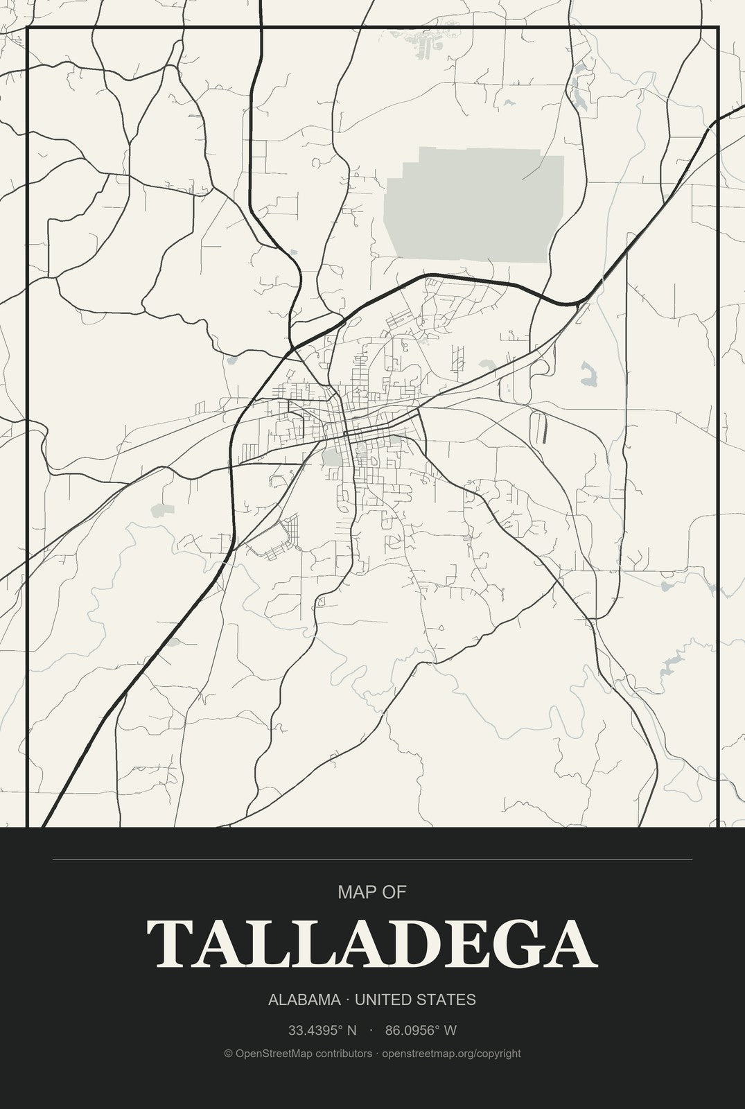 Talladega, Alabama City Map Aluminum Sign in Museum Plaque style
