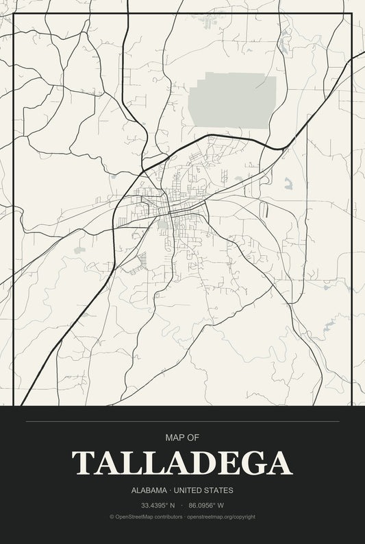 Talladega, Alabama City Map Aluminum Sign in Museum Plaque style