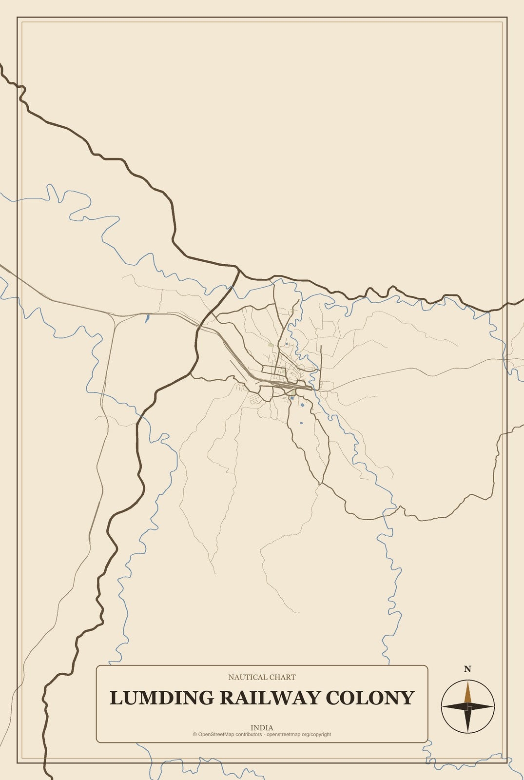 Lumding Railway Colony, India City Map Aluminum Sign in Heritage Nautical style