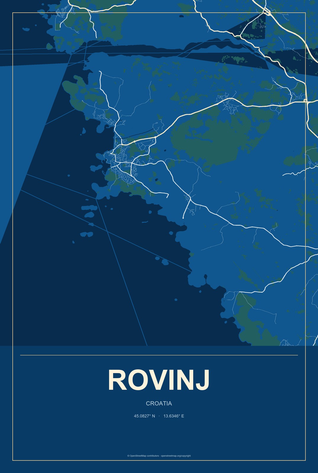 Rovinj, Croatia City Map Aluminum Sign in Harbor Cobalt style
