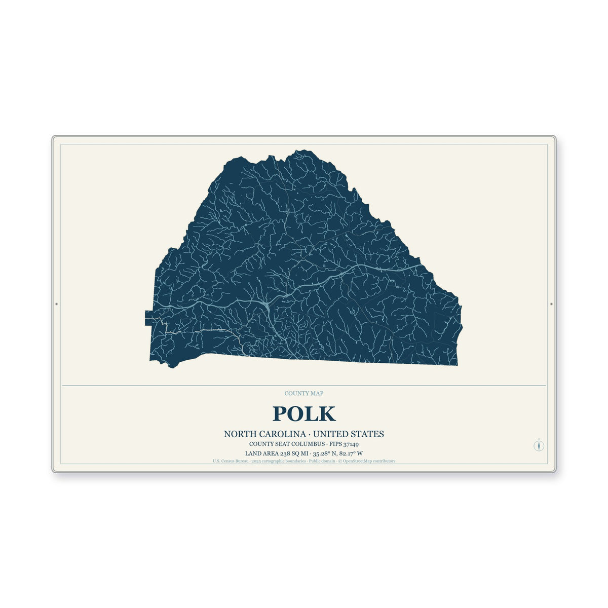 Polk County, North Carolina Map Aluminum Sign in Coastal Cutout style
