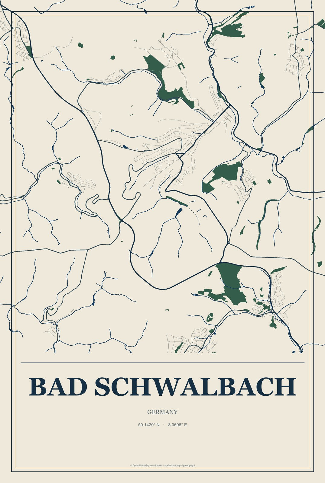 Bad Schwalbach, Germany City Map Aluminum Sign in Coastal Cutout style