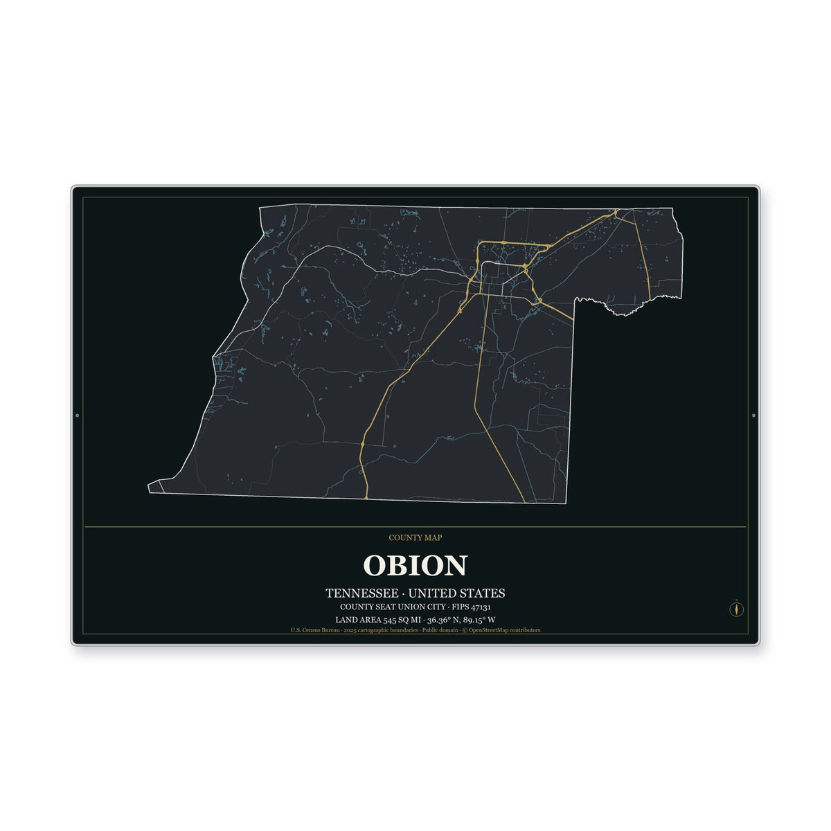 Obion County, Tennessee Map Aluminum Sign in Metropolitan Noir style