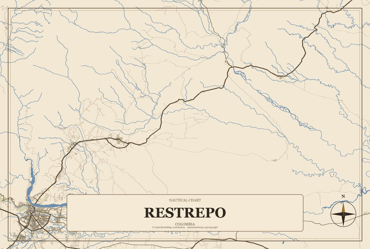 Restrepo, Colombia City Map Aluminum Sign in Heritage Nautical style