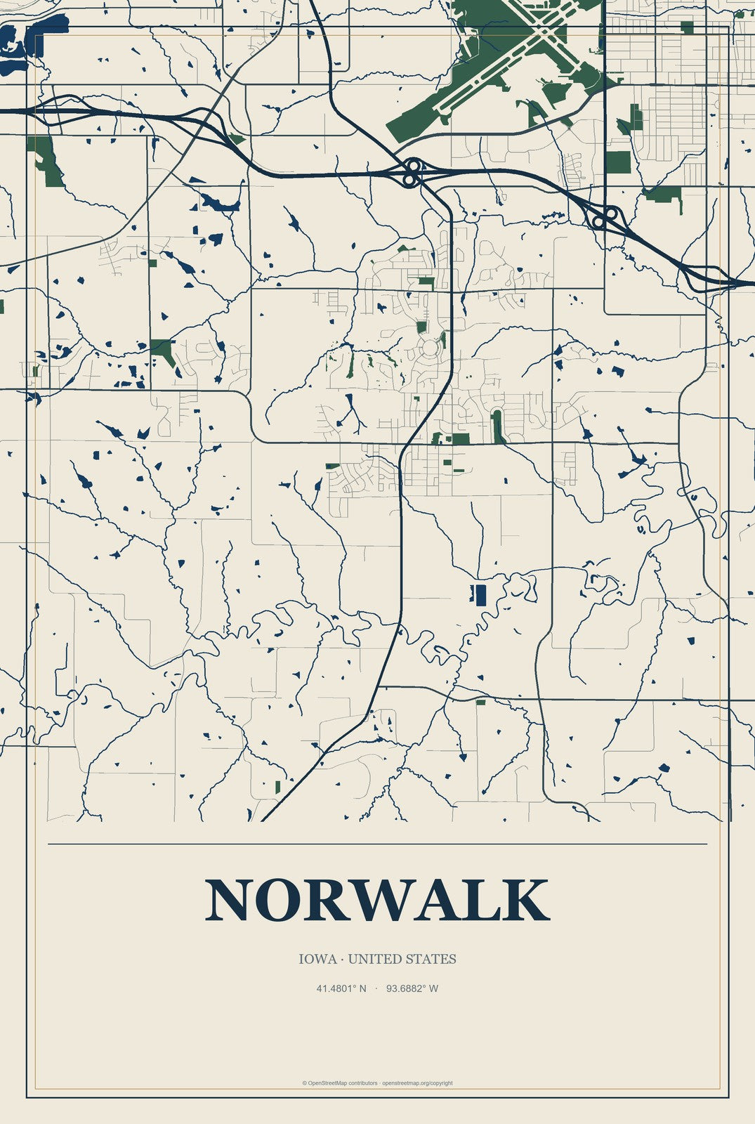 Norwalk, Iowa City Map Aluminum Sign in Coastal Cutout style