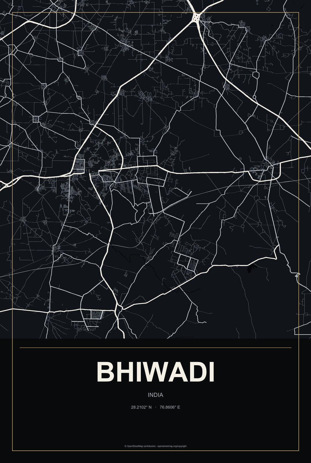 Bhiwadi, India City Map Aluminum Sign in Metropolitan Noir style