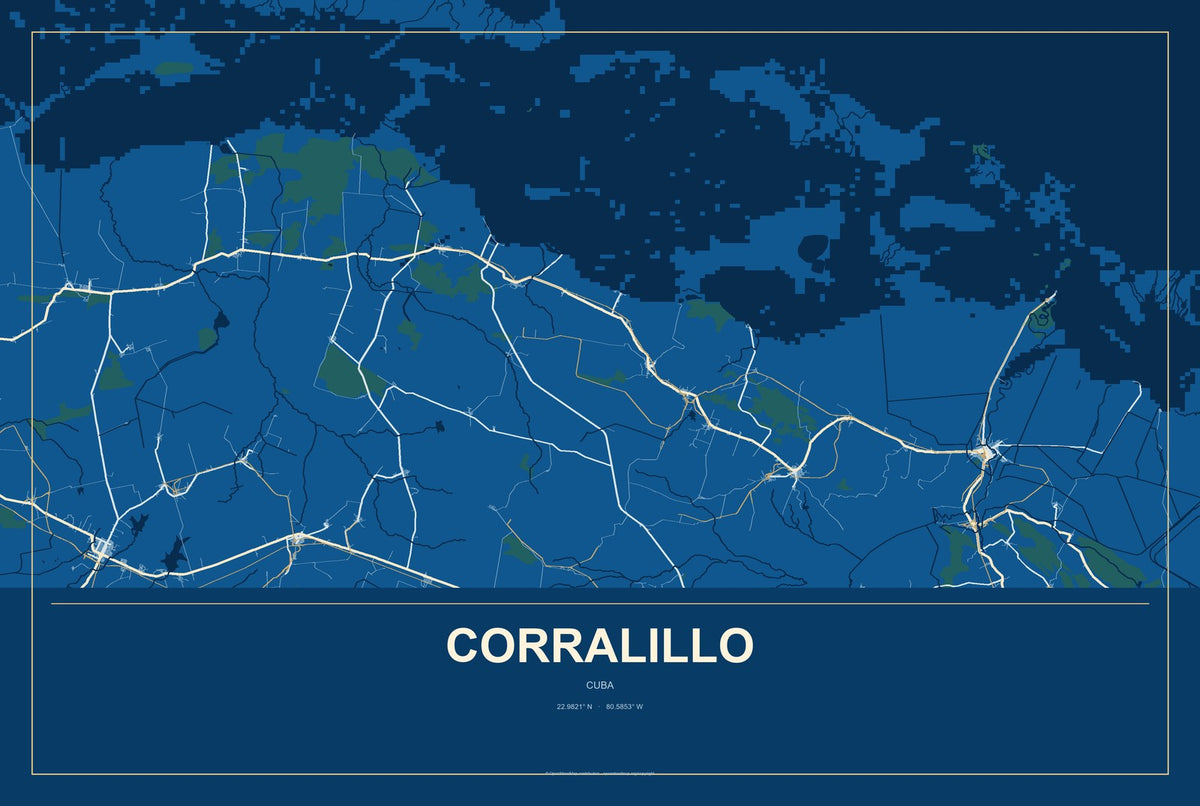 Corralillo, Cuba City Map Aluminum Sign in Harbor Cobalt style