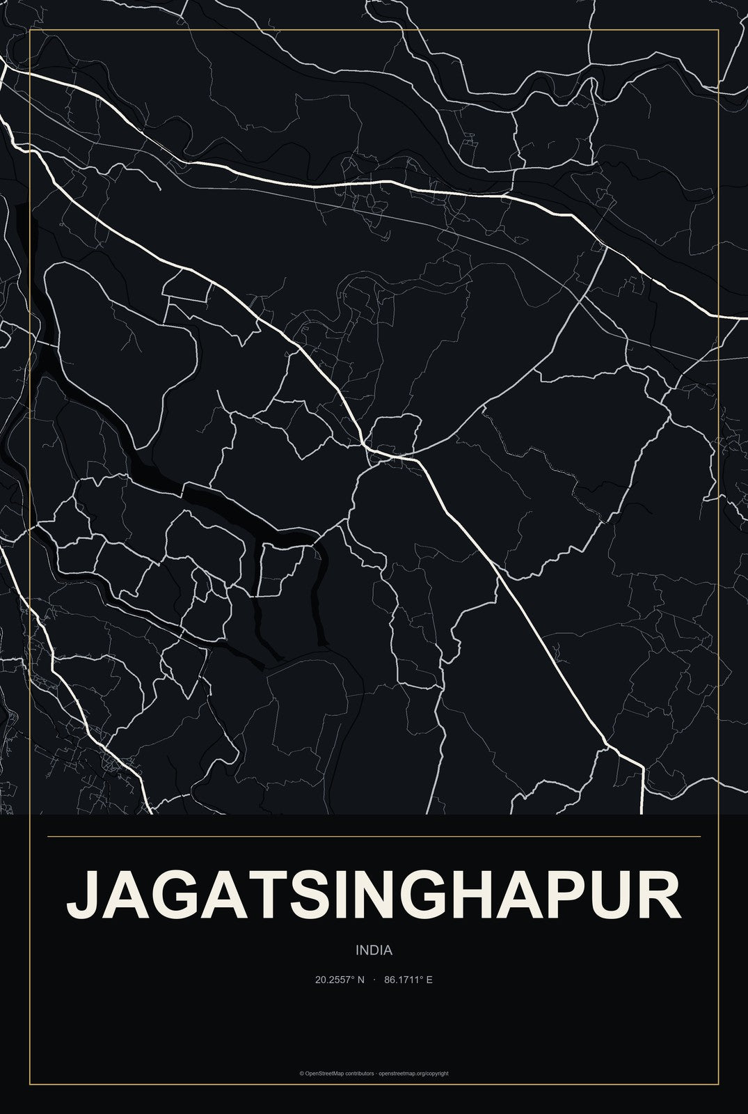 Jagatsinghapur, India City Map Aluminum Sign in Metropolitan Noir style