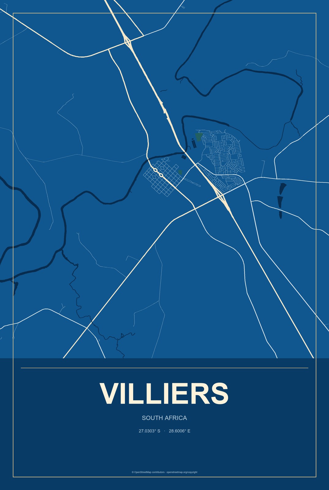 Villiers, South Africa City Map Aluminum Sign in Harbor Cobalt style