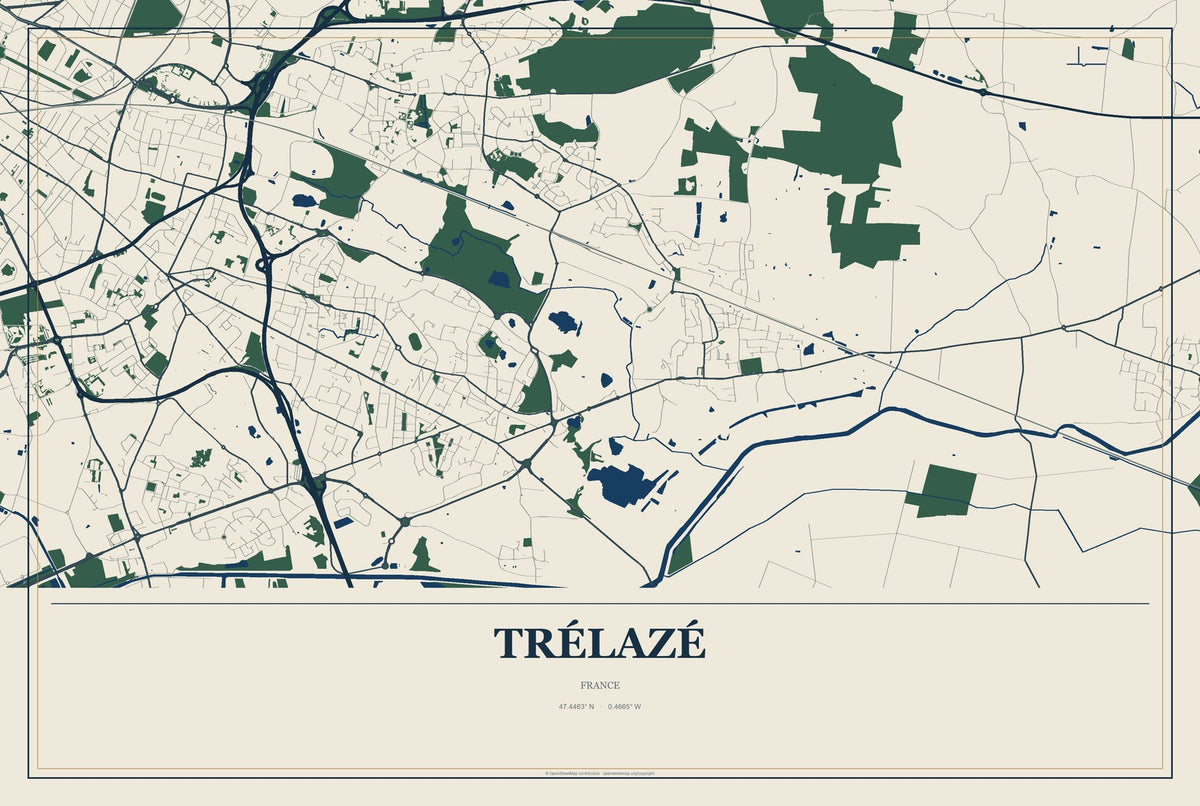 Trélazé, France City Map Aluminum Sign in Coastal Cutout style