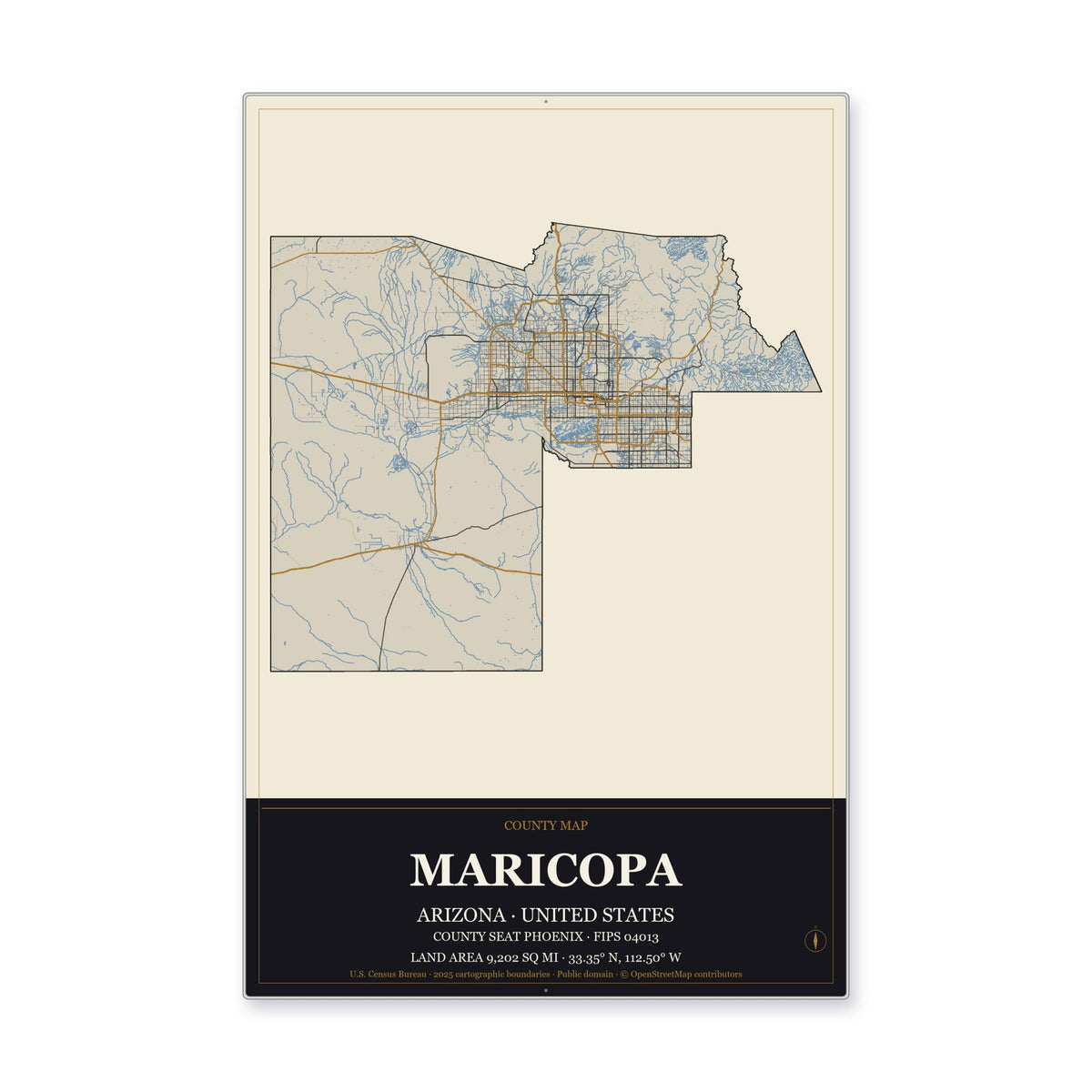 Maricopa County, Arizona Map Aluminum Sign in Museum Plaque style