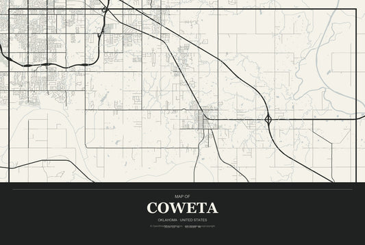 Coweta, Oklahoma City Map Aluminum Sign in Museum Plaque style