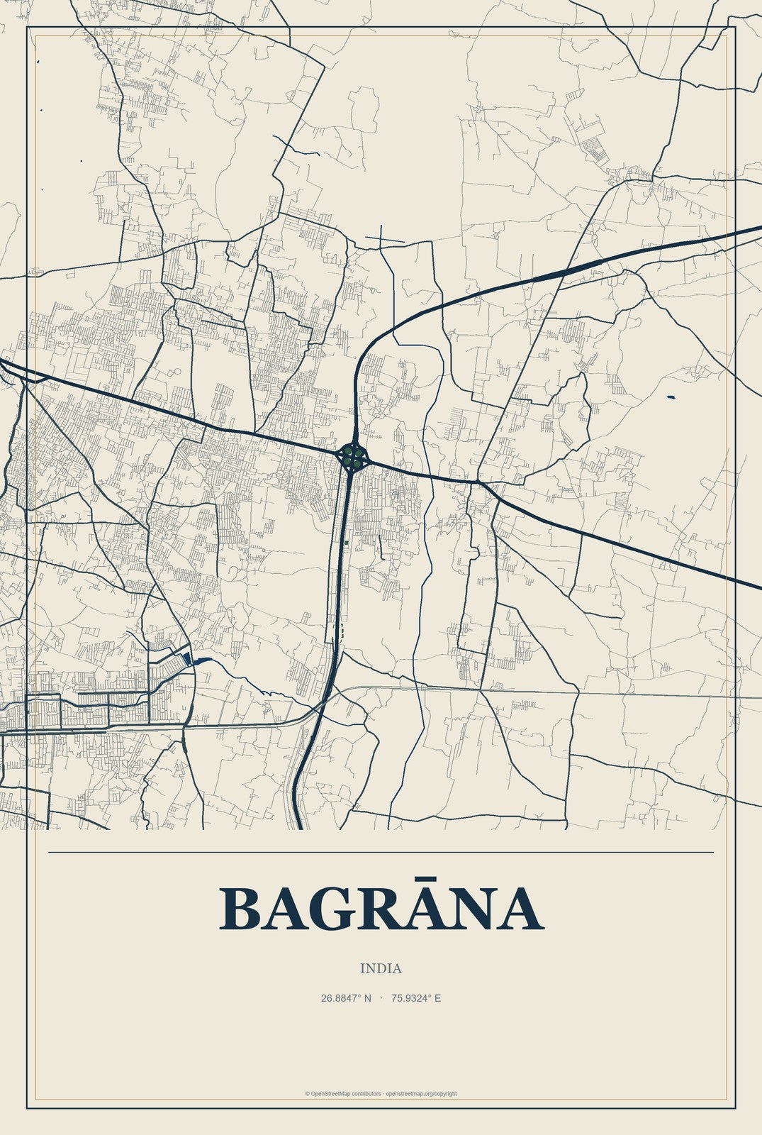 Bagrāna, India City Map Aluminum Sign in Coastal Cutout style