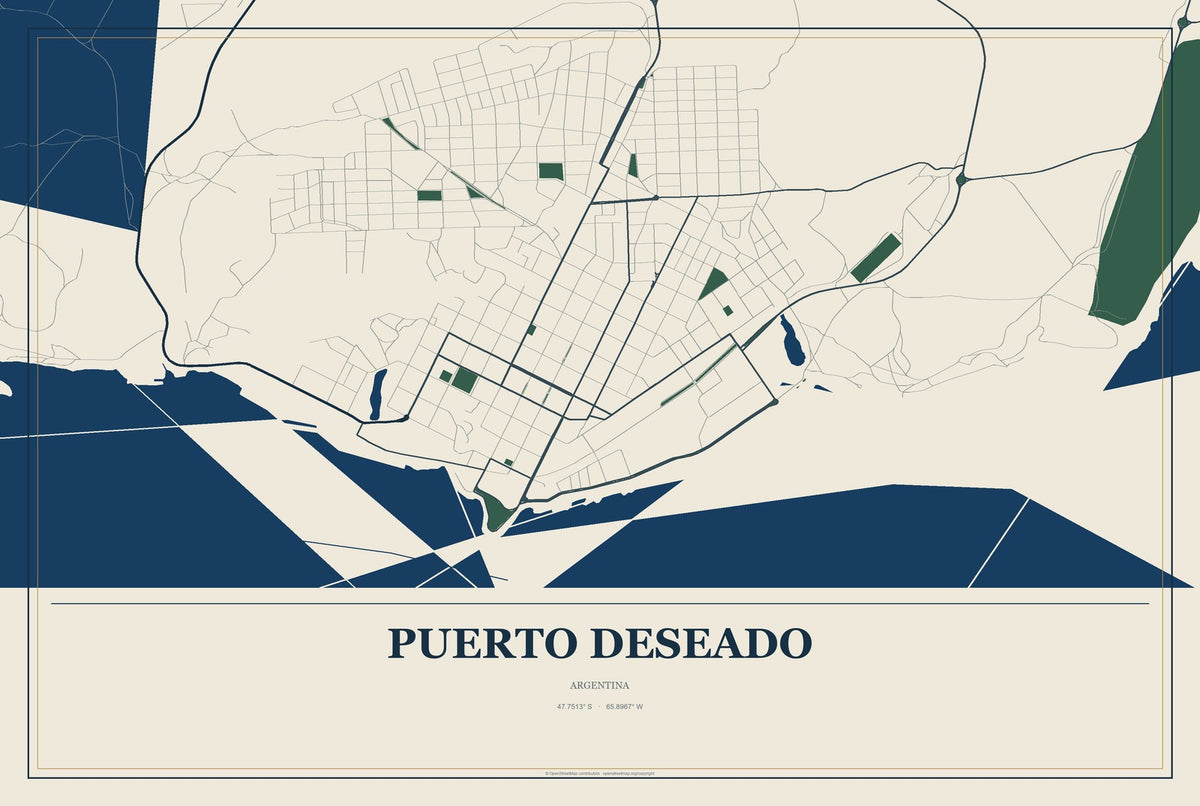 Puerto Deseado, Argentina City Map Aluminum Sign in Coastal Cutout style