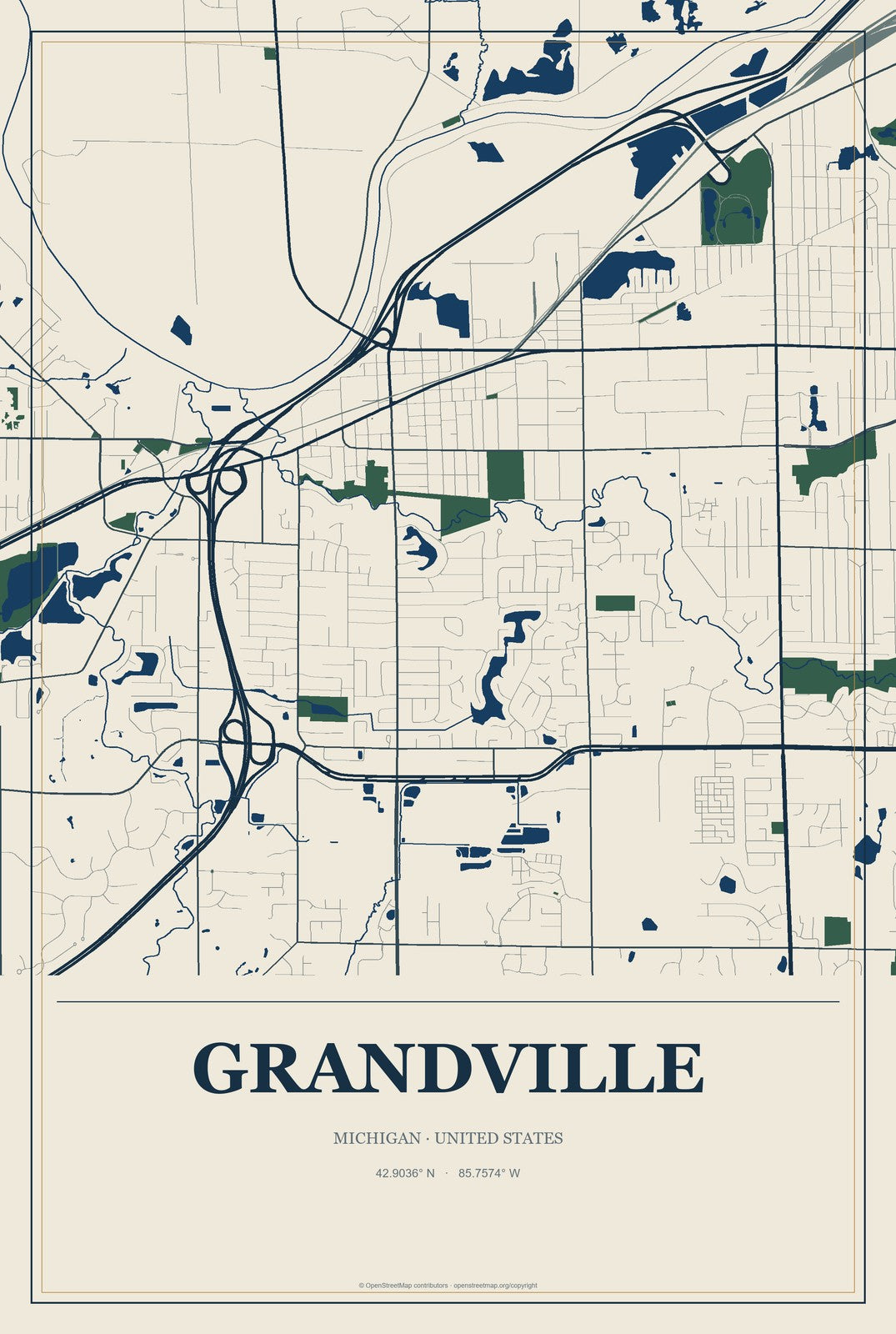 Grandville, Michigan City Map Aluminum Sign in Coastal Cutout style