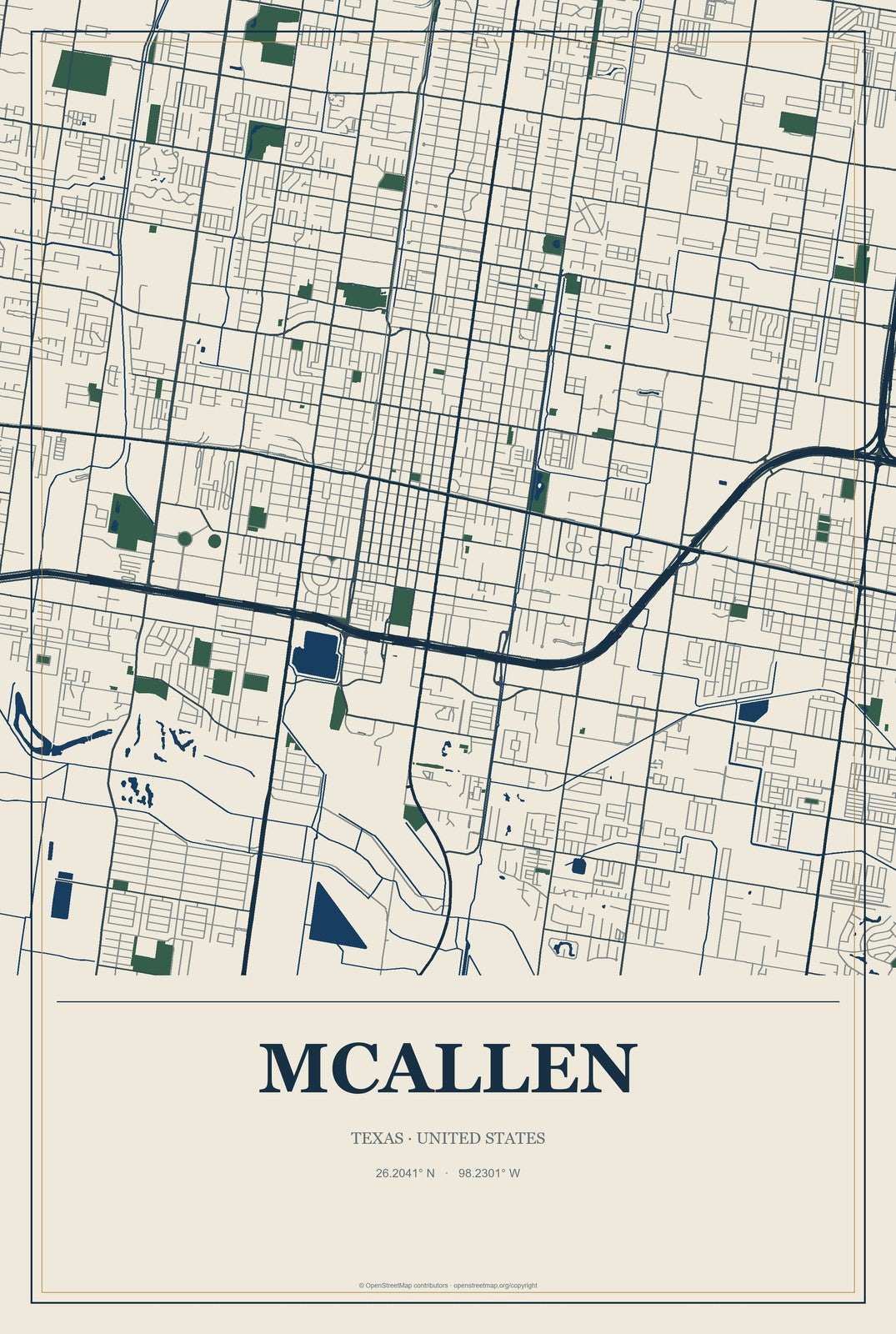 McAllen, Texas City Map Aluminum Sign in Coastal Cutout style