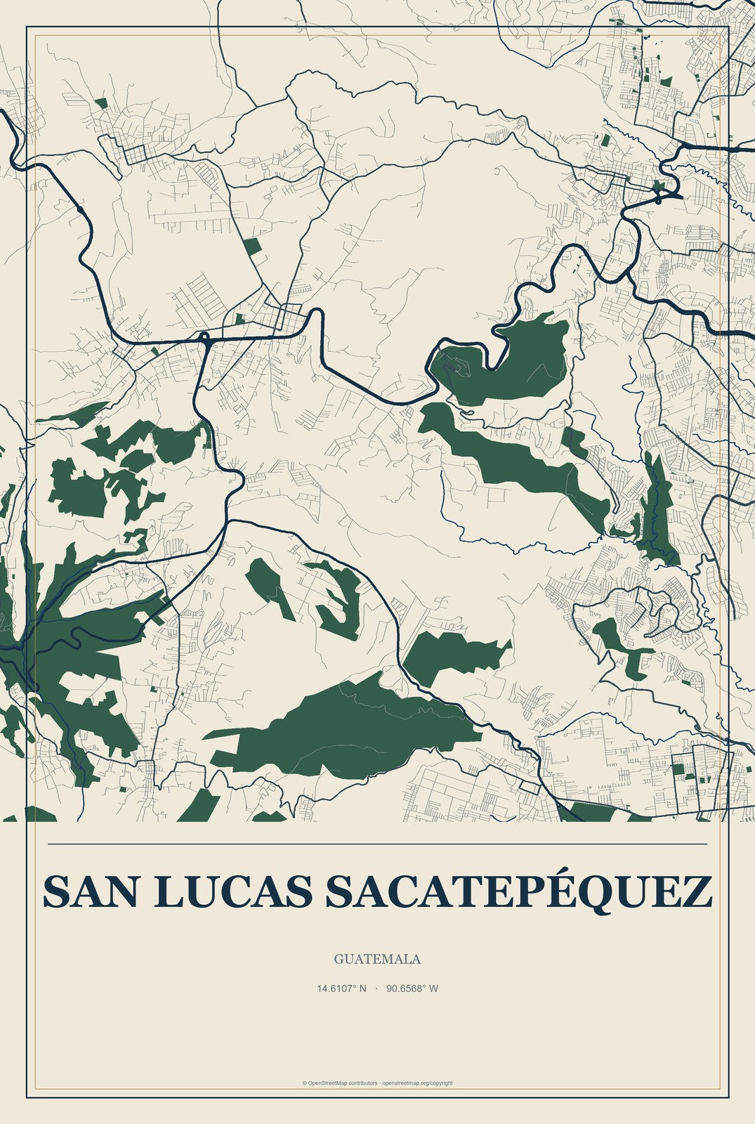 San Lucas Sacatepéquez, Guatemala City Map Aluminum Sign in Coastal Cutout style