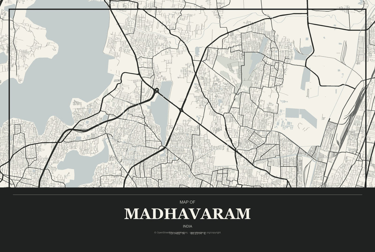 Madhavaram, India City Map Aluminum Sign in Museum Plaque style