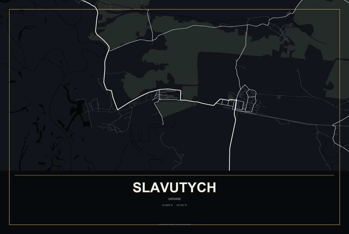 Slavutych, Ukraine City Map Aluminum Sign in Metropolitan Noir style