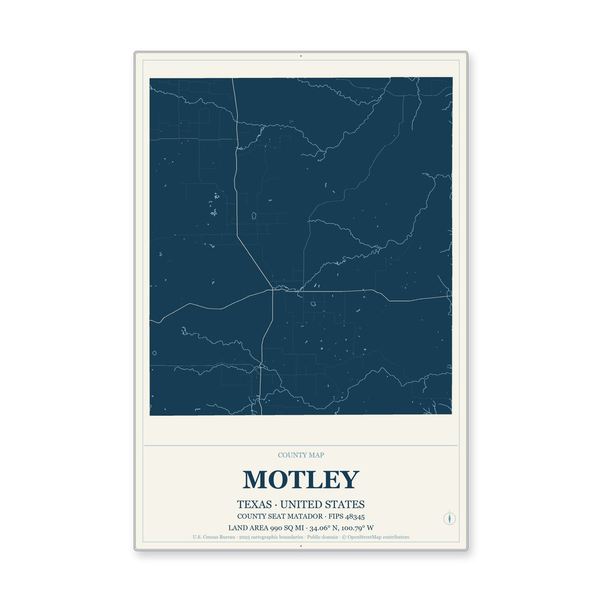 Motley County, Texas Map Aluminum Sign in Coastal Cutout style