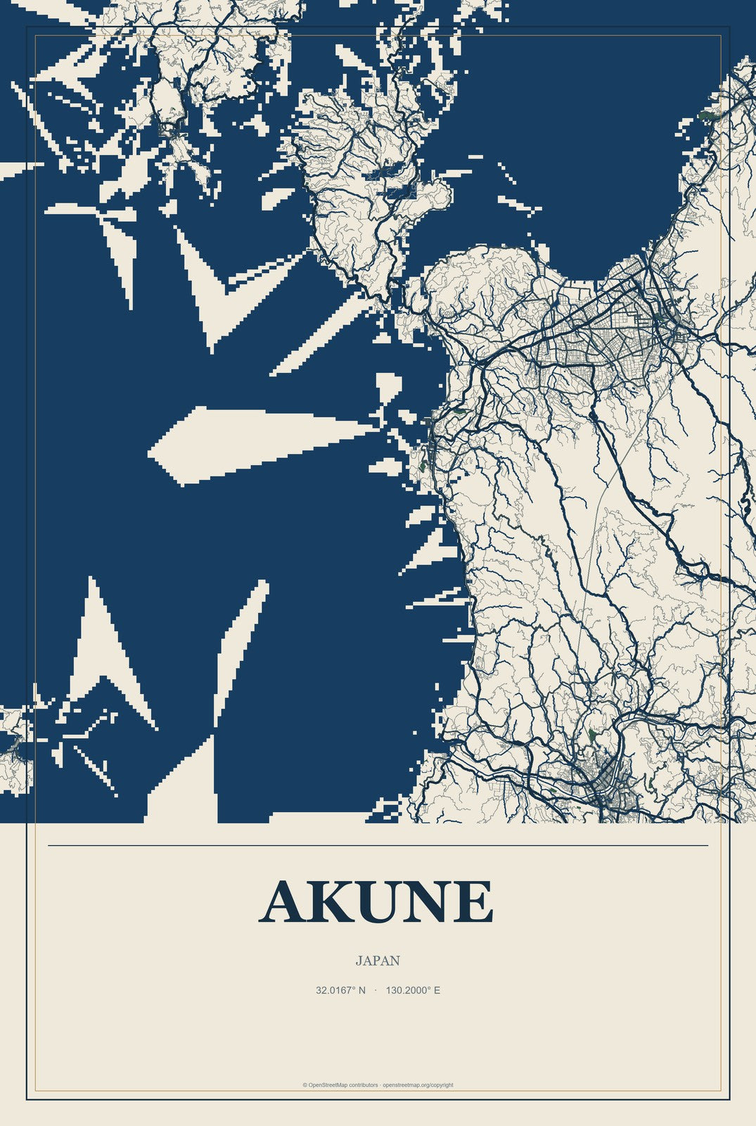 Akune, Japan City Map Aluminum Sign in Coastal Cutout style