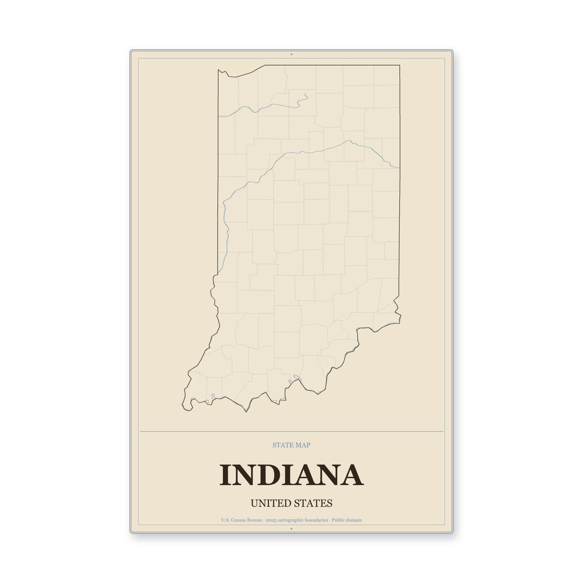 Indiana state map aluminum sign in Heritage Nautical style