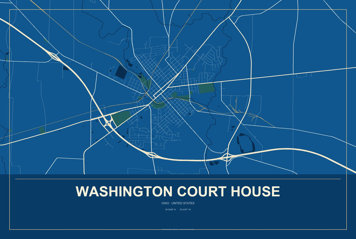 Washington Court House, Ohio City Map Aluminum Sign in Harbor Cobalt style