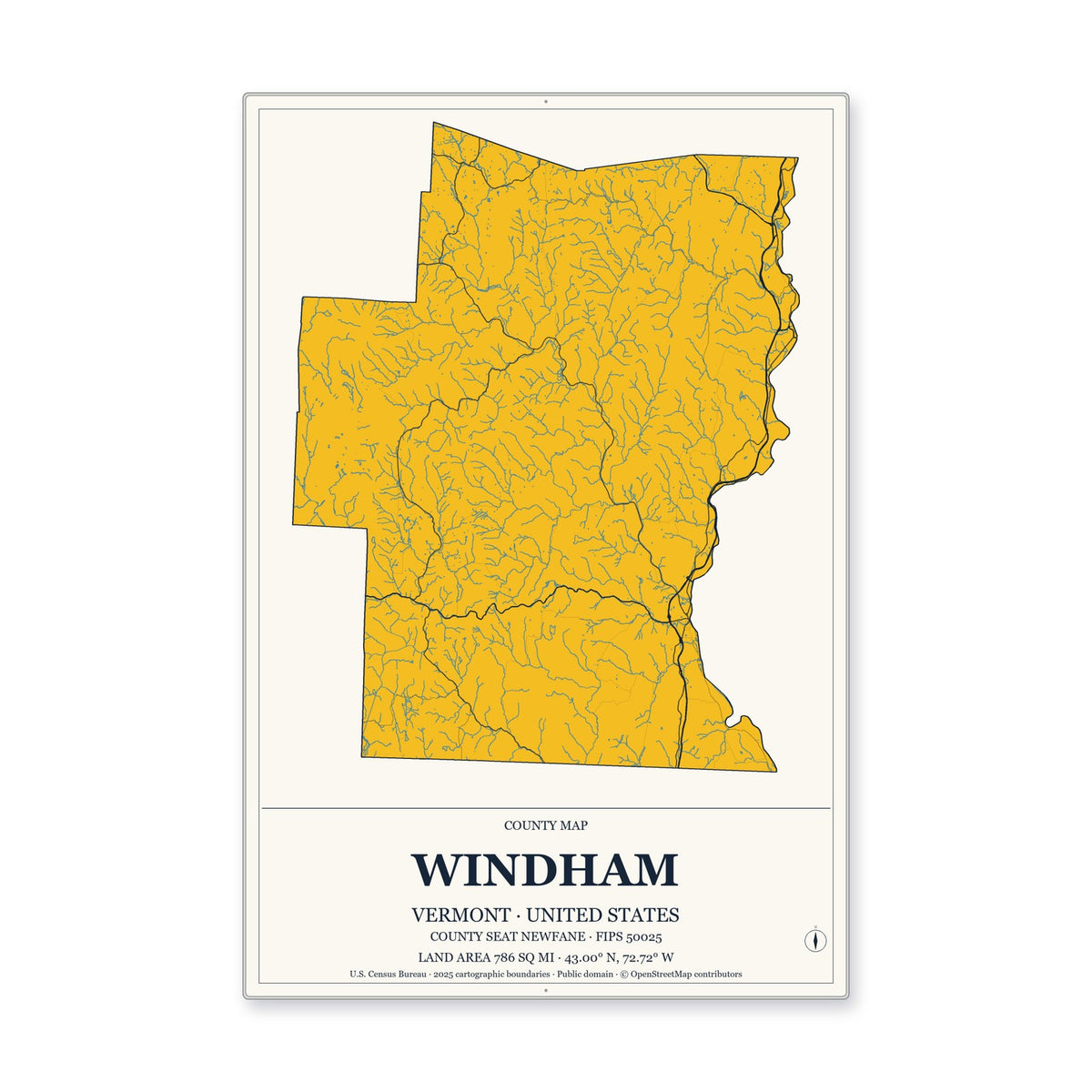 Windham County, Vermont Map Aluminum Sign in Citrine Modern style